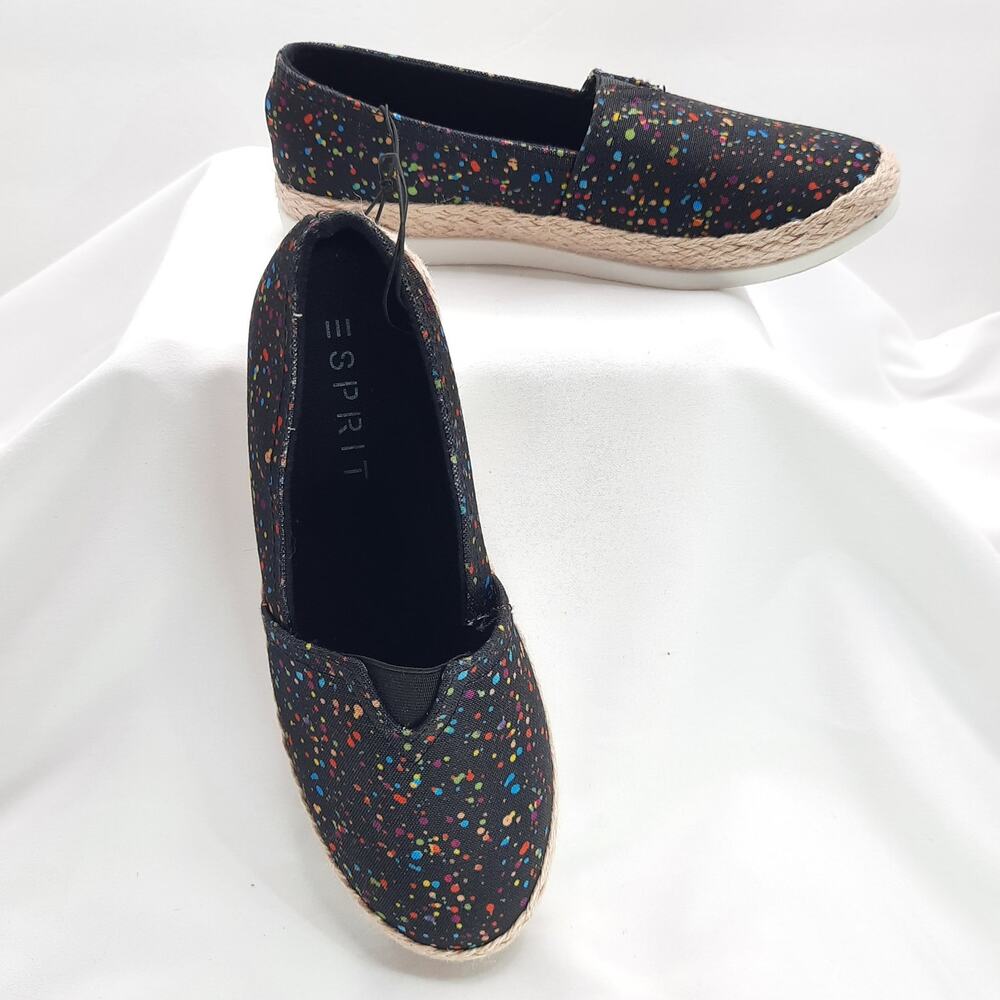 Esprit Ellery Flats Black Canvas Paint Splatter Espadrille Slip On Jute Sz 6 New